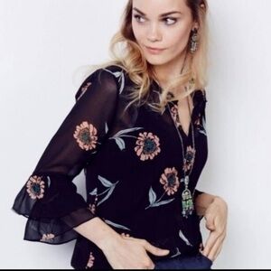 Cabi LaDiDa Black Sheet Floral Button Down Blouse, size XS